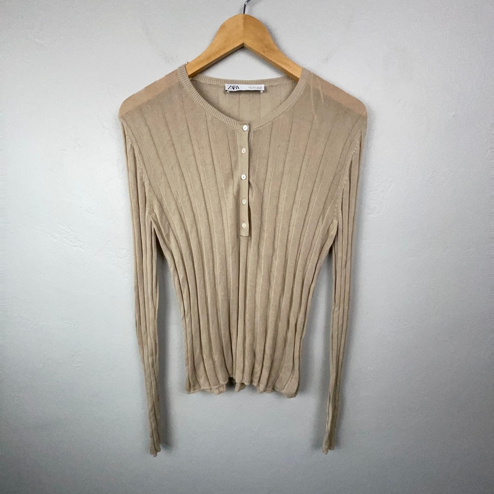 Zara Top Women Large Tan Ribbed Henley Long Sleeve Lyocell Knit Minimalist Y2K